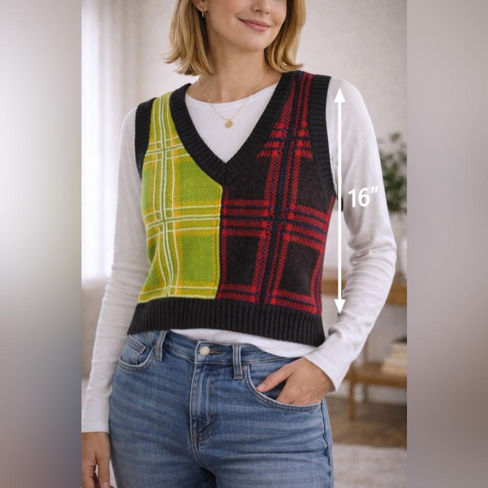 Rue21 Plaid Knit Sweater Vest Sleeveless Green Red Black Retro‎ Style Y2K